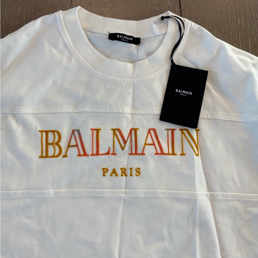 Balmain White Tee with Red and Gold Logo